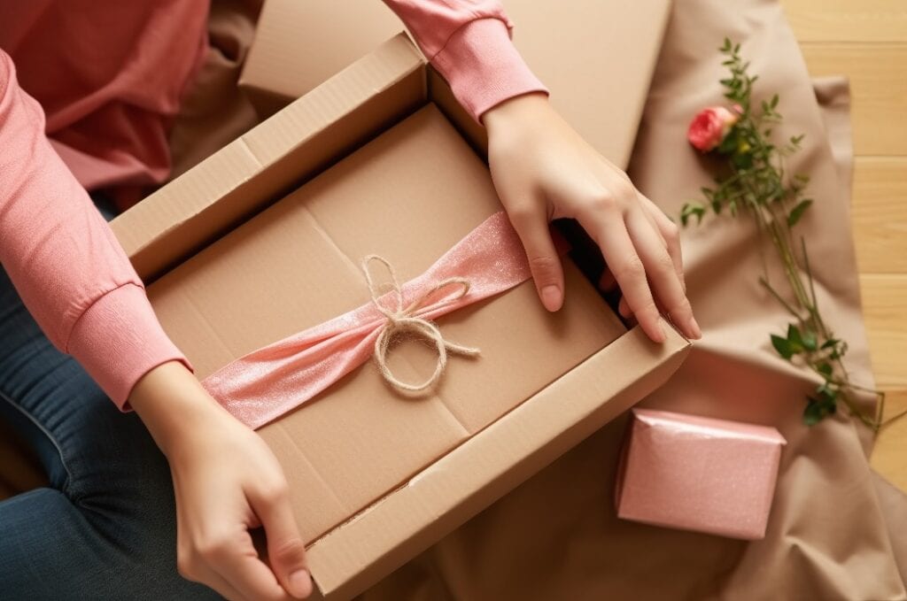 Geschenk mit einer Schleife in einem Pappkarton