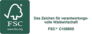 Grünes FSC-Logo mit Verlinkung zum Zertifikat