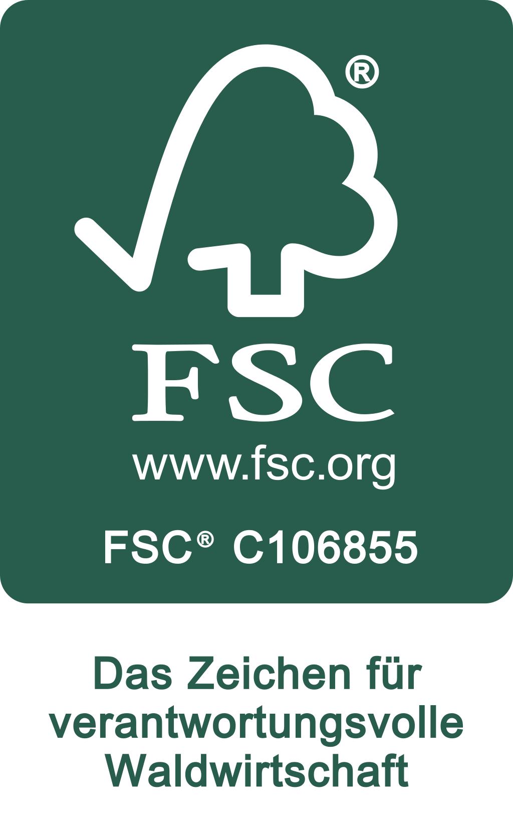 FSC-Logo auf grünem Hintergrund, symbolisiert verantwortungsvolle Waldwirtschaft.